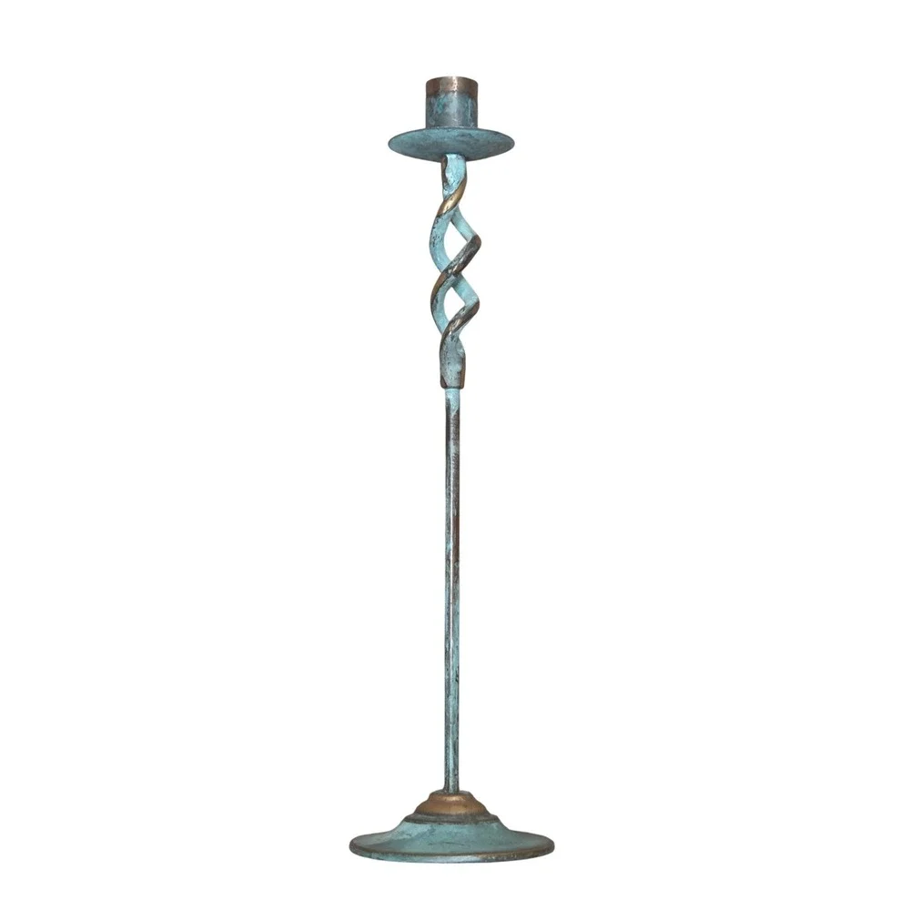 Vintage Brass Turquoise Verdigris Patina Candlestick Holder Twisted Helix 13 in.